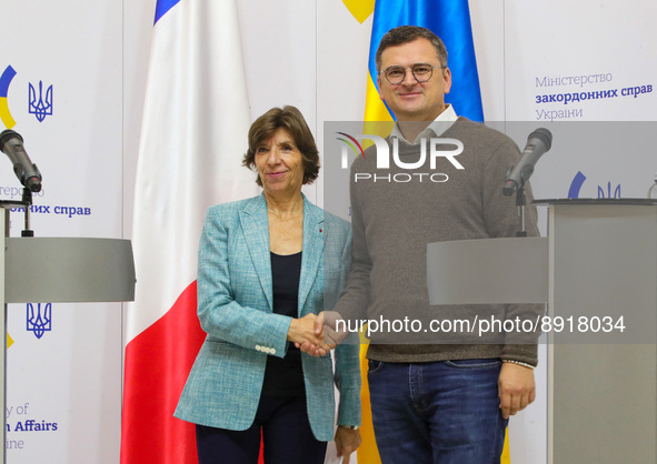 KYIV, UKRAINE - SEPTEMBER 27, 2022 - Minister of Foreign Affairs of Ukraine Dmytro Kuleba (R) shakes hands with Minister for Europe and Fore...