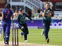 LONDON ENGLAND - SEPTEMBER 24 :England Women's Kate Cross celebrates the wicket of Harmanpreet Kaur of India Women  during Women's One Day I...