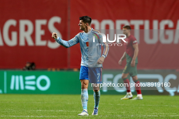 Alvaro Morata of Spain celebrates after scoring a goal during the UEFA Nations League Group A2 football match between Portugal and Spain, at...