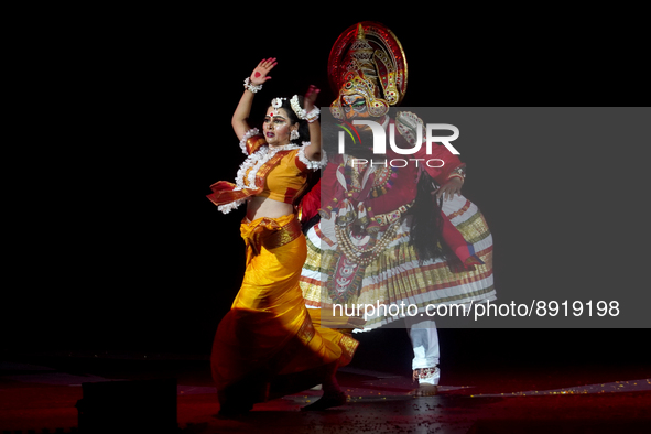 Actors perform during a dance drama reenacting the Ramlila, narrating the life of Hindu deity Rama, ahead of Dussehra festival celebrations...