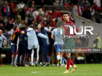 Cristiano Ronaldo of Portugal reacts at the end of the UEFA Nations League Group A2 football match between Portugal and Spain, at the Munici...