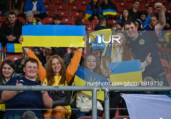 Fans from Ukraine and Scotland seen during the UEFA Nations League 2022/23 match in Group B between Ukraine and Scotland at the Marshal Joze...