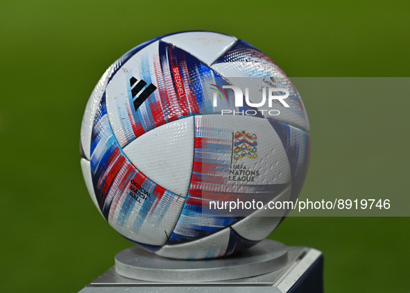 Official UEFA Nations League 2022/23 match ball seen ahead of the match in Group B between Ukraine and Scotland at the Marshal Jozef Pilsuds...
