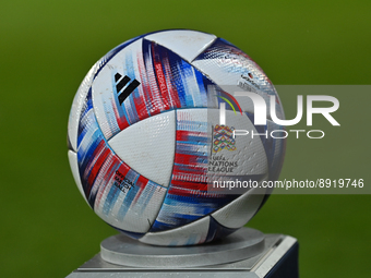 Official UEFA Nations League 2022/23 match ball seen ahead of the match in Group B between Ukraine and Scotland at the Marshal Jozef Pilsuds...