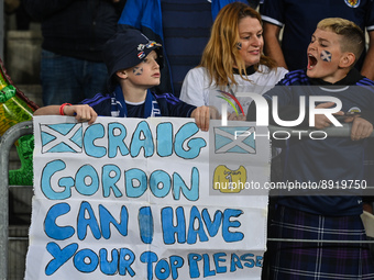 Fans from Scotland seen during the UEFA Nations League 2022/23 match in Group B between Ukraine and Scotland at the Marshal Jozef Pilsudski...