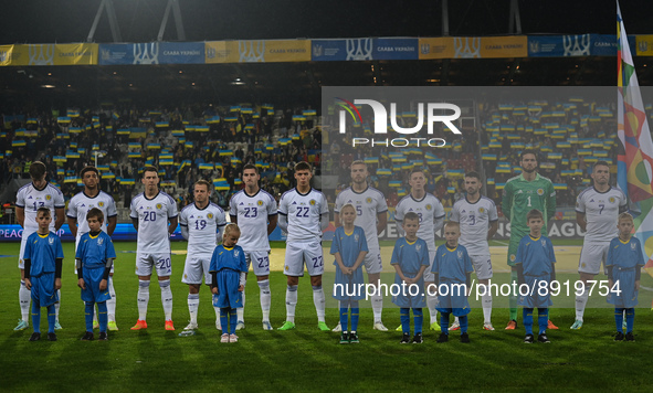 Team of Scotland during the National Anthem ahead of the the UEFA Nations League 2022/23 match in Group B between Ukraine and Scotland at th...