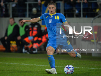 Vitaliy Mykolenko of Ukraine in action during the UEFA Nations League 2022/23 match in Group B between Ukraine and Scotland at the Marshal J...