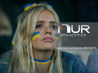 A fan from Ukraine is seen during the UEFA Nations League 2022/23 match in Group B between Ukraine and Scotland at the Marshal Jozef Pilsuds...