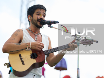 Colombian singer Camilo perform during the Hispanidad concert at Puerta de Alcalá in Madrid. October 09, 2022 Spain (