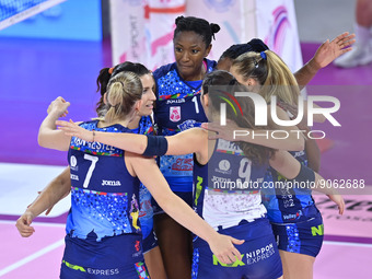 Il Bisonte Firenze players celebrate during the Volleyball Italian Serie A1 Women match Il Bisonte Firenze vs e-work Busto Arsizio on Octobe...