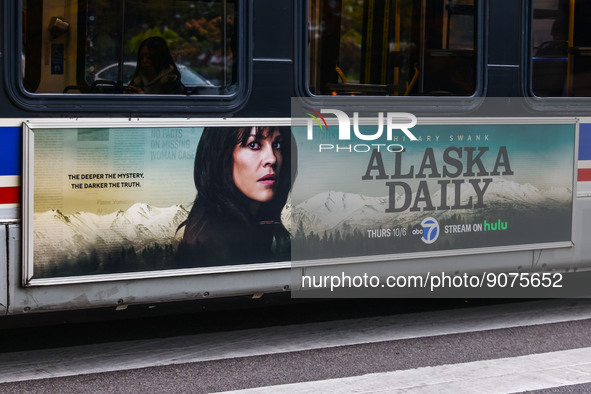 Alaska Daily show ad is seen on a bus in Chicago, United States, on October 17, 2022. 