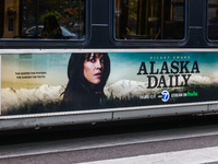 Alaska Daily show ad is seen on a bus in Chicago, United States, on October 17, 2022. (
