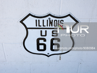 Illinois Route 66 sign is seen on the diner in Braidwood, United States on October 15, 2022. (
