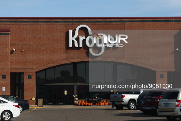 Kroger logo is seen on the shop in Streator, United States on October 15, 2022. 