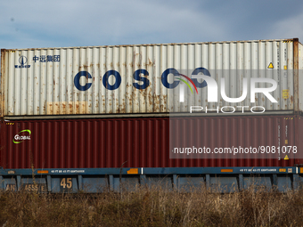 Cosco sign is seen on a container on a train in Streator, United States on October 15, 2022. (