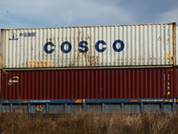 Cosco sign is seen on a container on a train in Streator, United States on October 15, 2022. (