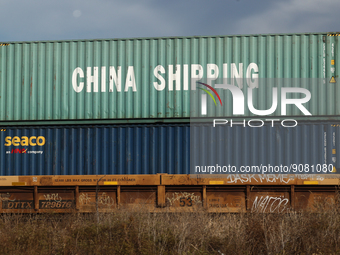 China Shipping sign is seen on a container on a train in Streator, United States on October 15, 2022. (