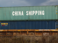 China Shipping sign is seen on a container on a train in Streator, United States on October 15, 2022. (