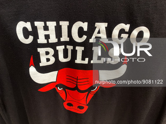 Chicago Bulls logo is seen on a t-shirt in the shop in Chicago, United States on October 19, 2022 (