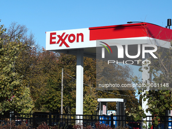 Exxon logo is seen on the gas station in Chicago, United States on October 19, 2022. (
