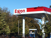 Exxon logo is seen on the gas station in Chicago, United States on October 19, 2022. (