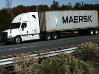 Maersk logo is seen on a truck semitrailer on the highway in Maryland, United States on October 21, 2022. (