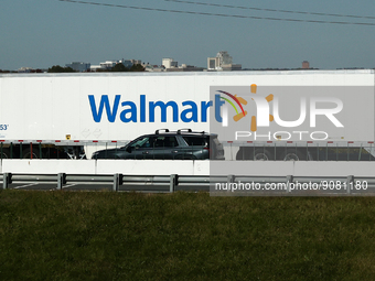 Walmart logo is seen on a truck semitrailer on the highway in Delaware, United States on October 21, 2022. (