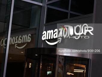 Amazon Go logo is seen on a building in Chicago, United States on October 14, 2022. (