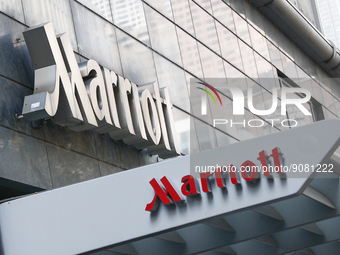 Marriot logos are seen on the hotel in Chicago, United States on October 14, 2022. (