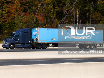 A truck with Amazon Prime logo semitrailer is seen at Interstate 95 highway in Maryland, United States, on October 21, 2022. (