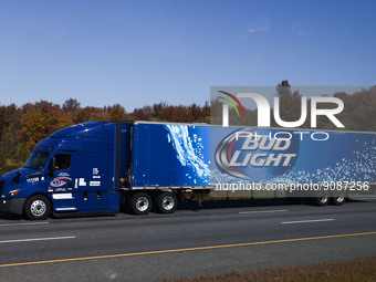 A truck with logo Bud Light semitrailer is seen at Interstate 95 highway in Maryland, United States, on October 21, 2022. (