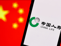 China Life Insurance Company logo displayed on a phone screen and Chinese flag displayed on a screen in the background are seen in this illu...