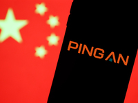 Ping An Insurance logo displayed on a phone screen and Chinese flag displayed on a screen in the background are seen in this illustration ph...