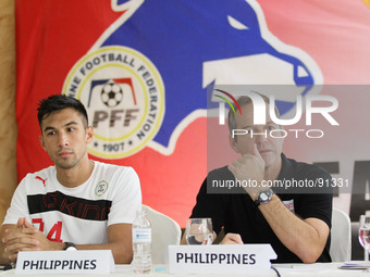 The Philippine's Anton Del Rosario (L) and head coach Thomas Dooley at the Philippines vs Malaysia press conference held in Cebu on April 26...