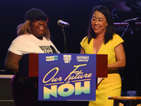 Activists and City-council members Helen Gym and Kendra Brooks speak during a pre-election Our Future is Now rally with U.S. Senator Bernie...