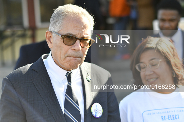 District Attorney Larry Krasner departs as prominent members Democratic Party gather for a traditional Election Day lunch at Relish Restaura...
