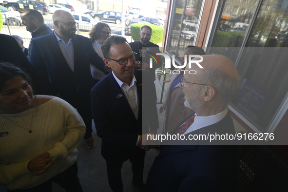 Dem. Gubernatorial nominee Josh Shapiro and candidate for Lt. Gov. Austin Davis arrive as prominent members Democratic Party gather for a tr...