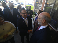 Dem. Gubernatorial nominee Josh Shapiro and candidate for Lt. Gov. Austin Davis arrive as prominent members Democratic Party gather for a tr...