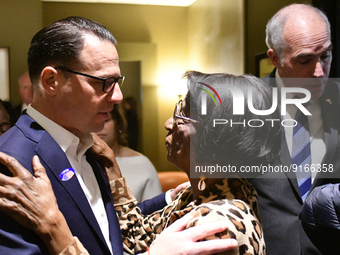Dem. nominee for Governor Josh Shapiro is welcomed by former City-councilwoman Marian Tasco as prominent members Democratic Party gather for...