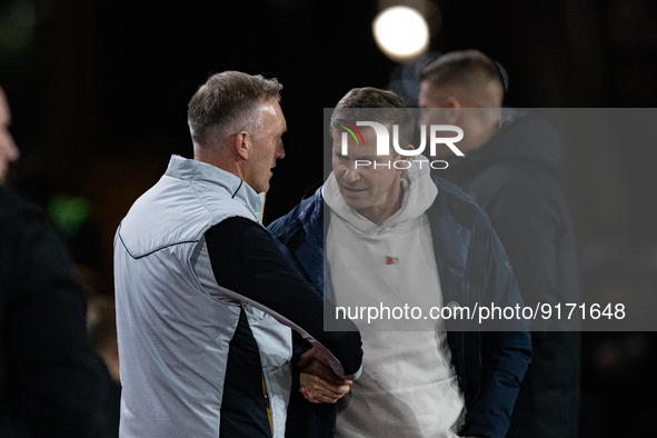 Wolvess manager Steve Davis and Leeds Uniteds manager Jesse Marsch shakes hands with . after being substituted during the Carabao Cup match...
