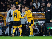 Wolvess Gonalo Guedes shakes the hands with Wolvess Chem Campbell during the Carabao Cup match between Wolverhampton Wanderers and Leeds Uni...