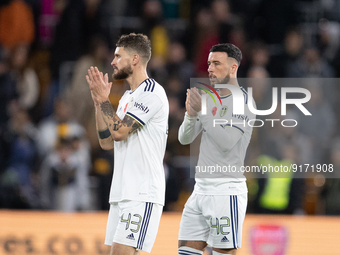 Leeds United's Mateusz Klich and Leeds United's Sam Greenwood applauds the fans after  the Carabao Cup match between Wolverhampton Wanderers...