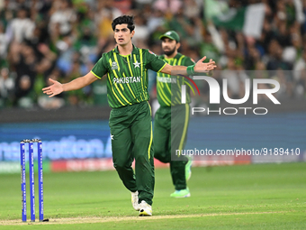 Naseem Shah of Pakistan react during ICC Men's T20 World Cup match between Pakistan and England at Melbourne Cricket Ground on November 13,...