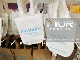 Bags made from 100% recycled polyester are seen in a recently opened Primark store in Bonarka shopping center in Krakow, Poland on November...