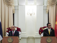 Vietnam President Nguyen Xuan Phuc with Thai Prime Minister Prayut Chan-o-cha during a press conference at Government House in Bangkok, Thai...