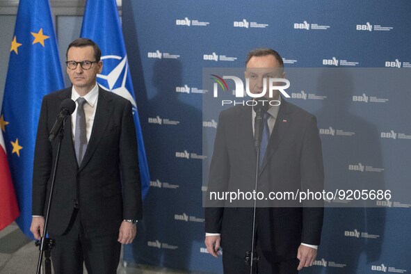Andrzej Duda President of Poland and Prime Minister Mateusz Morawiecki seen during Polish National Security Council in response to shells ex...