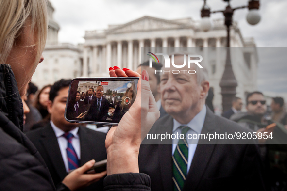 Senator Dick Durbin (D-IL) speaks with a journalist following a press conference on legislation to make the Deferred Action for Childhood Ar...