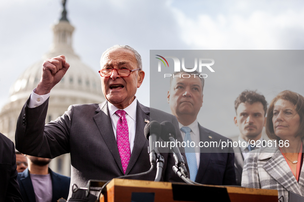 Senate Majority Leader Chuck Schumer (D-NY) speaks flanked by newly re-elected Senators Alex Padilla (D-CA) (center left) and Catherine Cort...