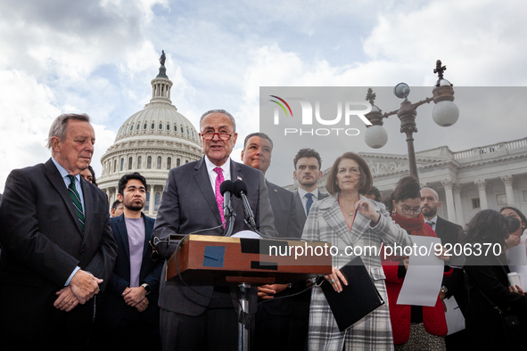 Senate Majority Leader Chuck Schumer (D-NY) (center left) speaks  while attending a press conference on legislation to make the Deferred Act...