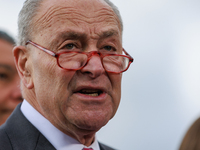 Majority Leader of the U.S. Senate Chuck Schumer speaks at a press conference outside of the U.S. Capitol in Washington, D.C. on November 16...